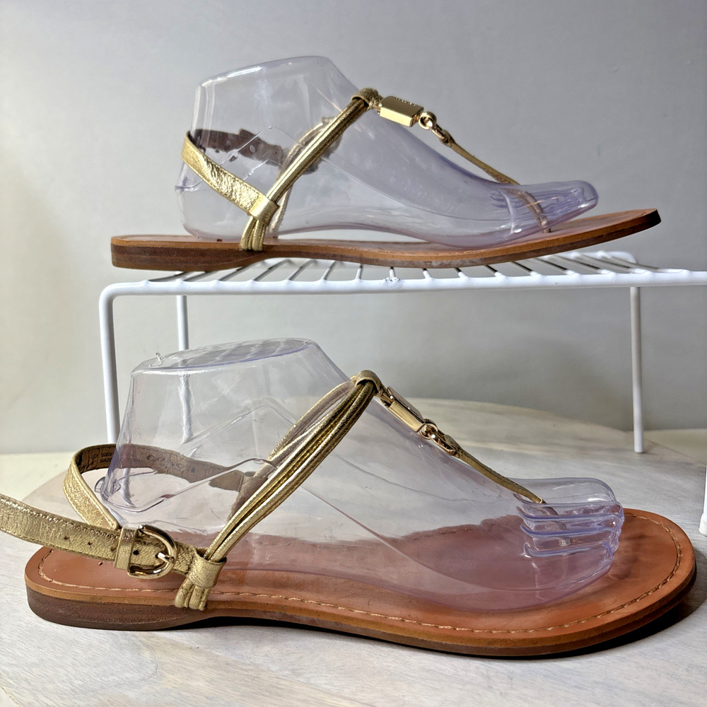 Coach Womens Sandals Size 11 Gold T Strap Leather Flat Summer Casual